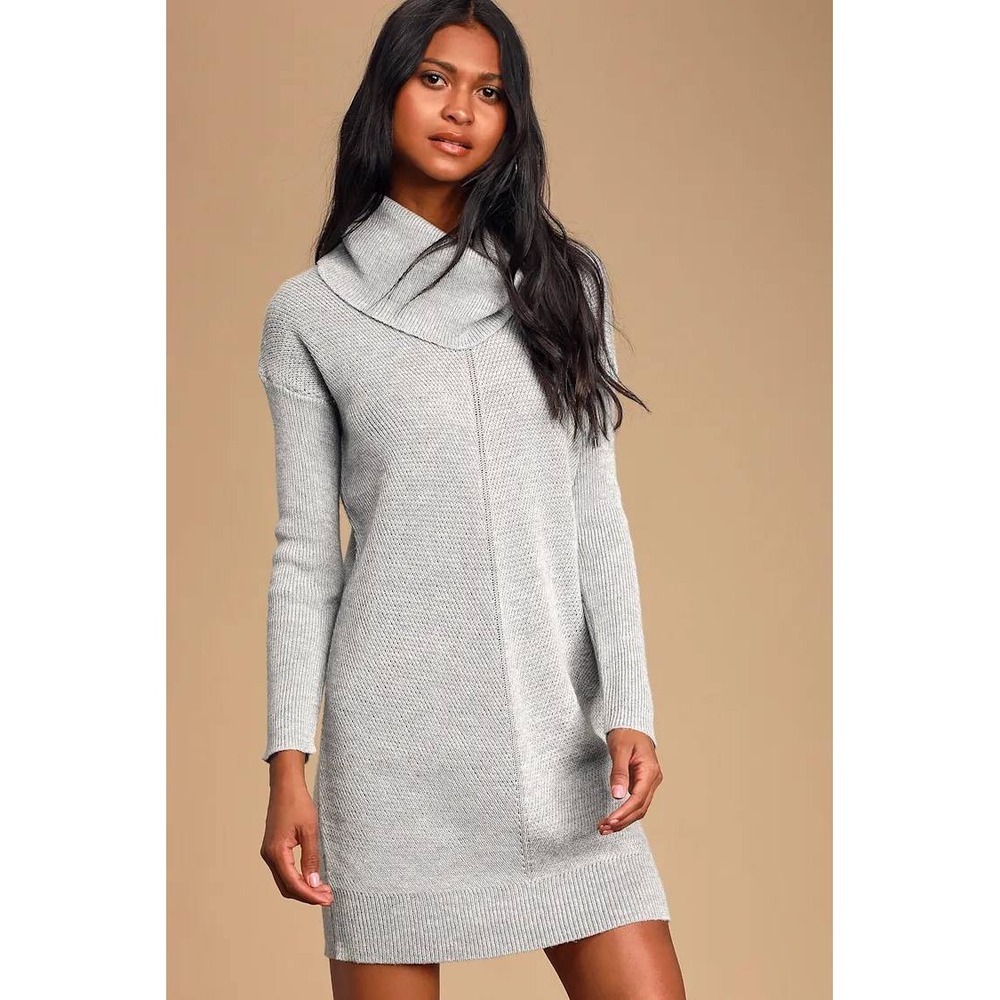 Lulu's Gray Ribbed Knit Turtleneck Sweater Dress Long Sleeve Cozy Casual Medium